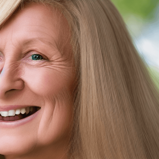 AI generated: woman aged 55 years, blond, semi-long hairhair, green eyes , smiling
