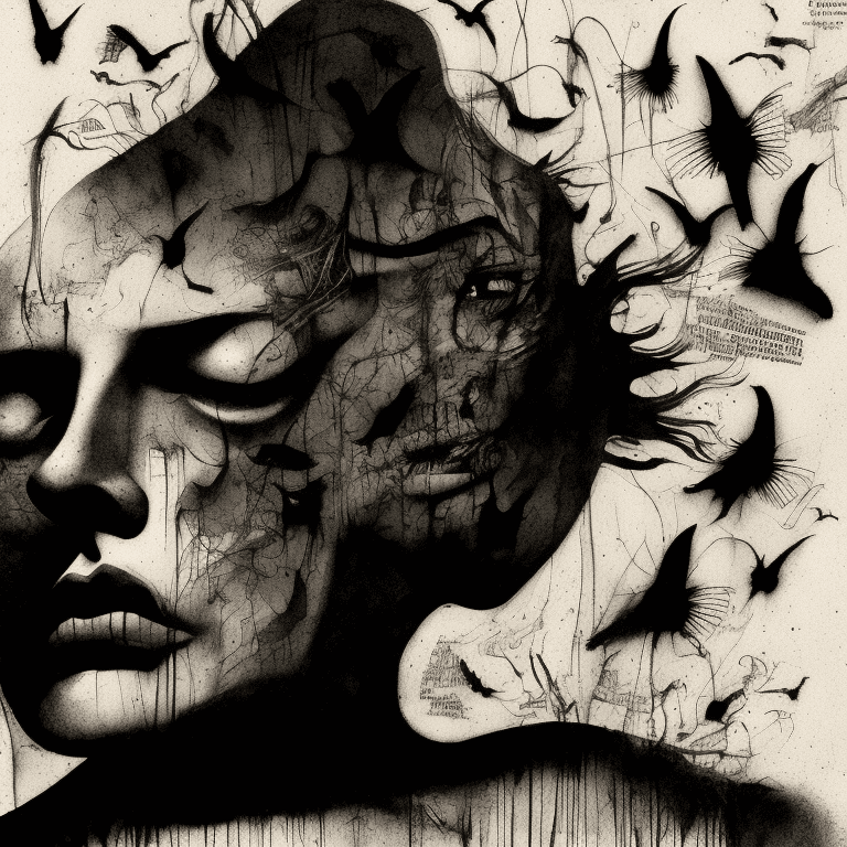 AI generated: illustration, rolling stone , Dave McKean, hyper-realistic, very detailed, micro pen art, dark vigne...
