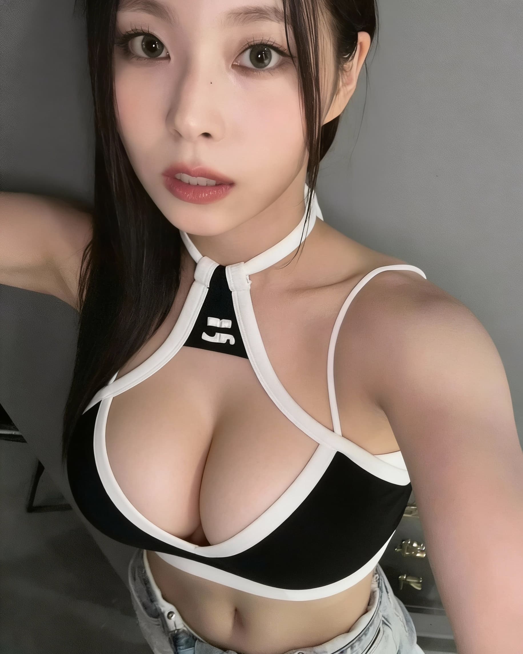 AI generated: massiv breast augmentation that that defys gravity, very deep clevage