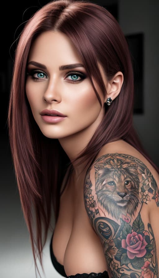 AI generated: Tattooed Female Portrait, Chestnut Hair, Turquoise Eyes, Visible Tattoos, Digital Photography, Raw f...