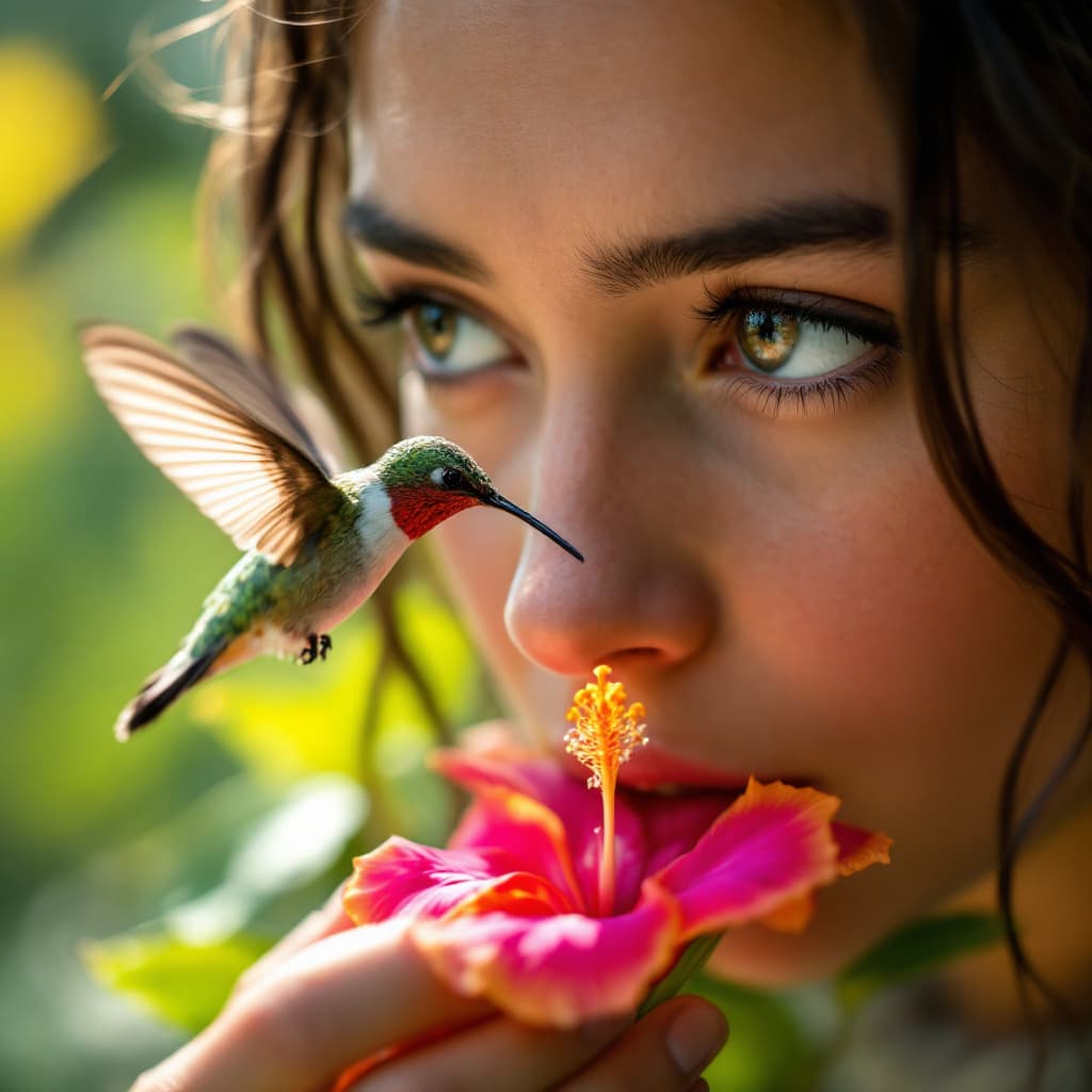 AI generated: 💡PROMPT A close-up image of a person intently observing a hummingbird as it sips nectar from a vibr...