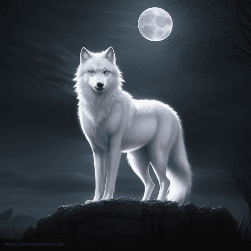 AI generated: White wolf standing in the moonlight, realistic style, overhead light