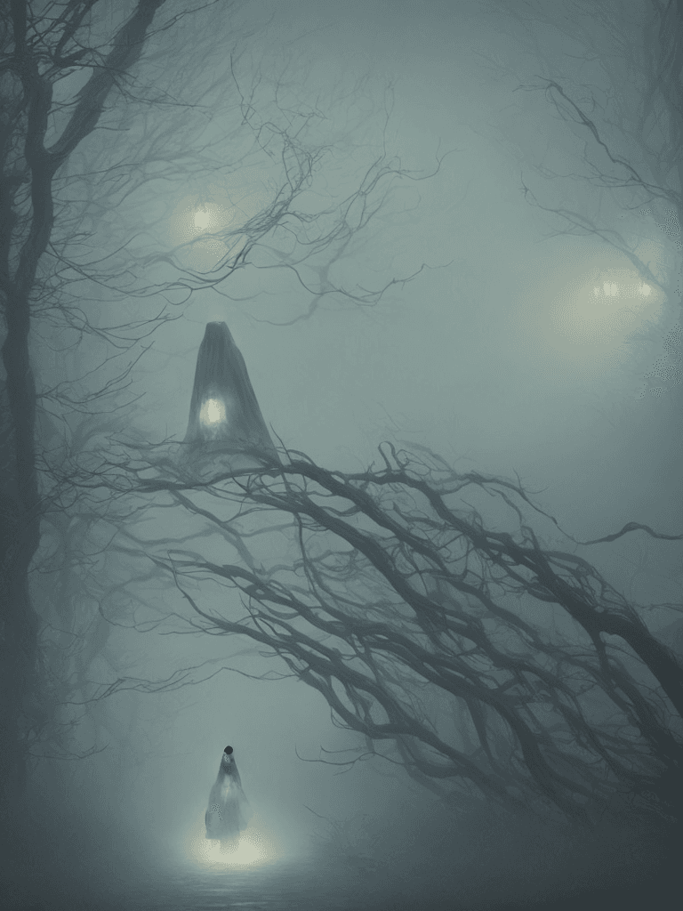 AI generated: Ghost in fog, Realistic, Hauntingly beautiful,feerie lighting, wispy tendrils, etherial, Highly deta...