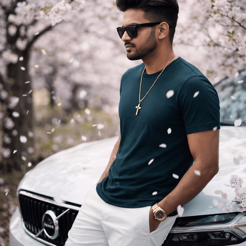 AI generated: A high-end cinematic portrait of a stylish man with a black voluminous fade hair, wearing black squa...