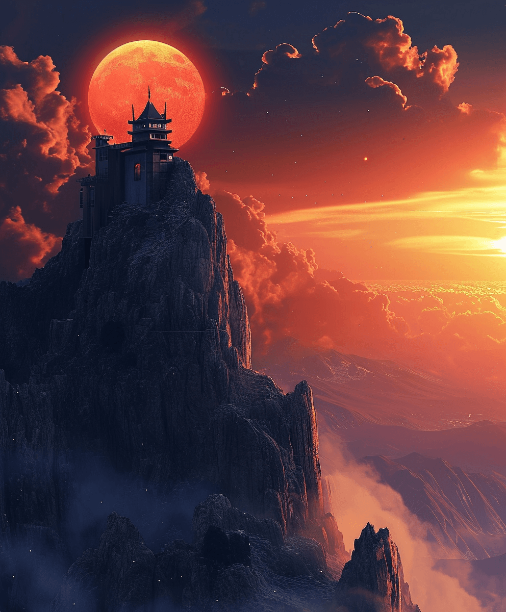 AI generated: a sunrise with a building on top of a mountain, in the style of mesmerizing optical illusions, alien...