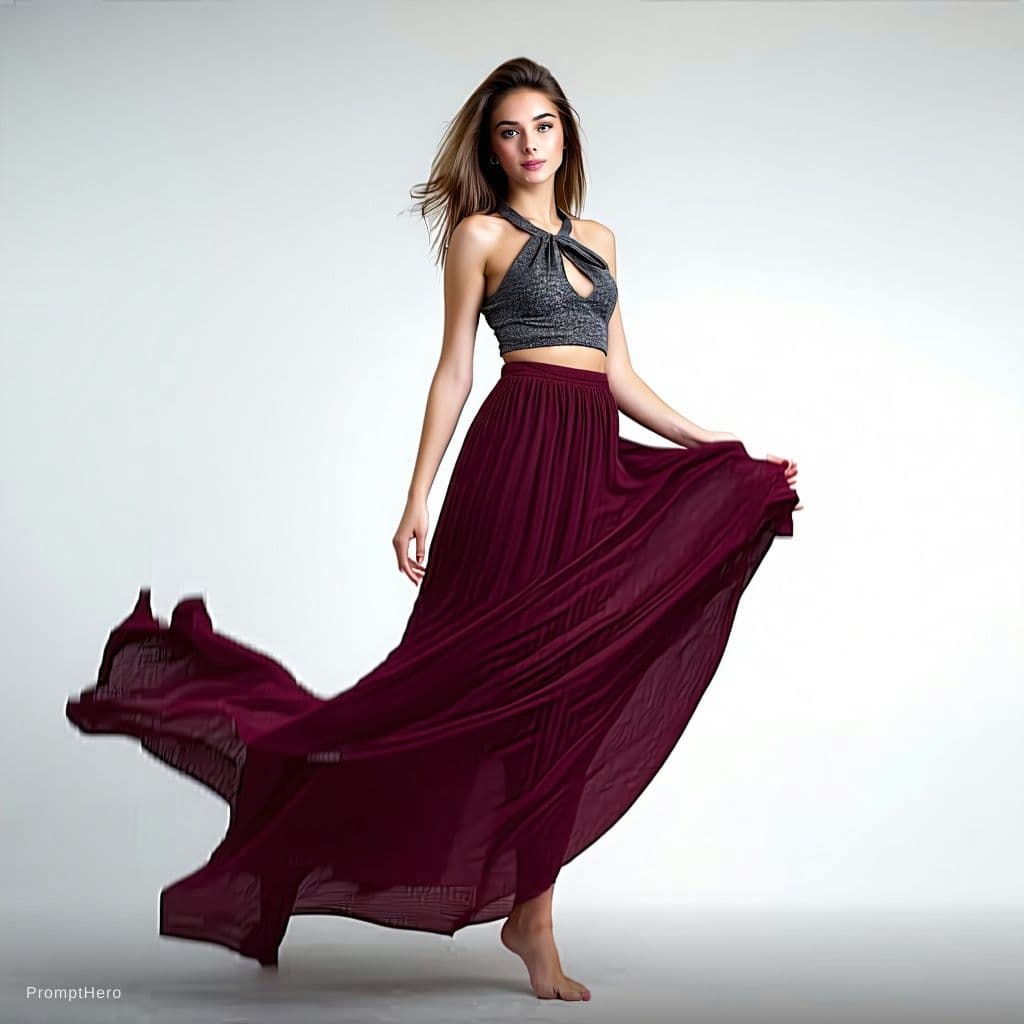 AI generated: Create an ultra-realistic 8k portrait image. The girl lifts one leg. The maroon skirt flies up. The ...