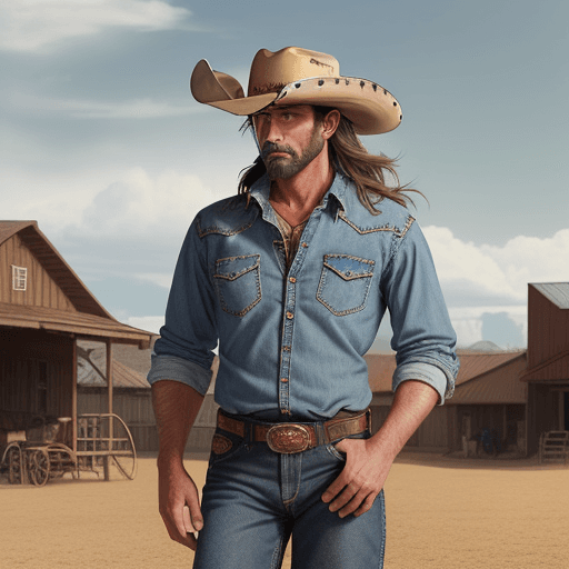 AI generated: A western cowboy, cowboy, horses, outdoors, jeans, rough cowboy hat, western afternoon sky, horses i...