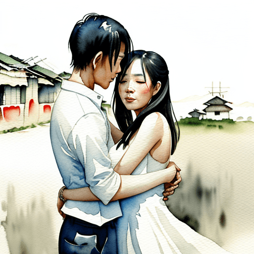 AI generated: watercolor scene of two Vietnamese lovers in a war-torn country, embracing each other as they contem...