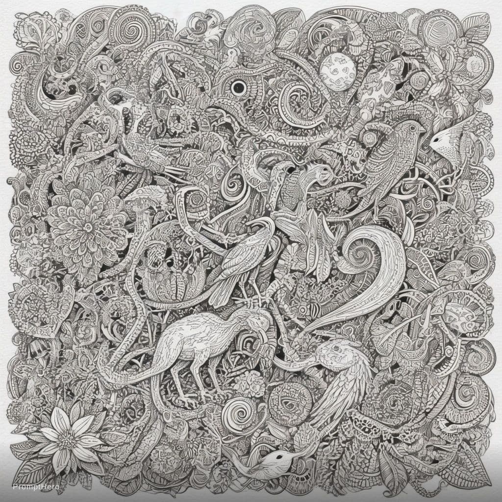 AI generated: An intricate, dense, full-page adult coloring book line art composition. The style is defined by cle...