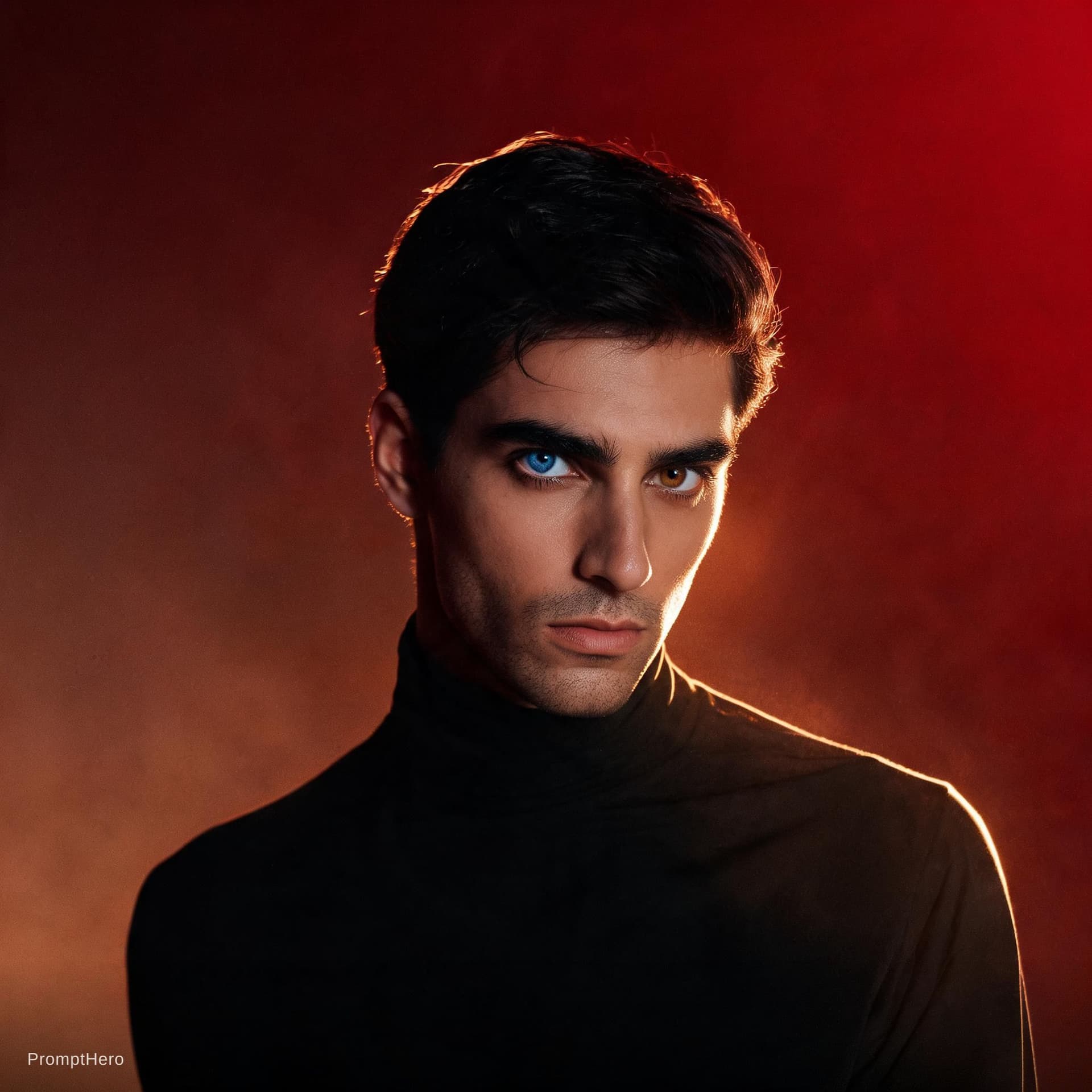 AI generated: front shot, upper body, professional model, greek dark face features, different colored eyes blue an...