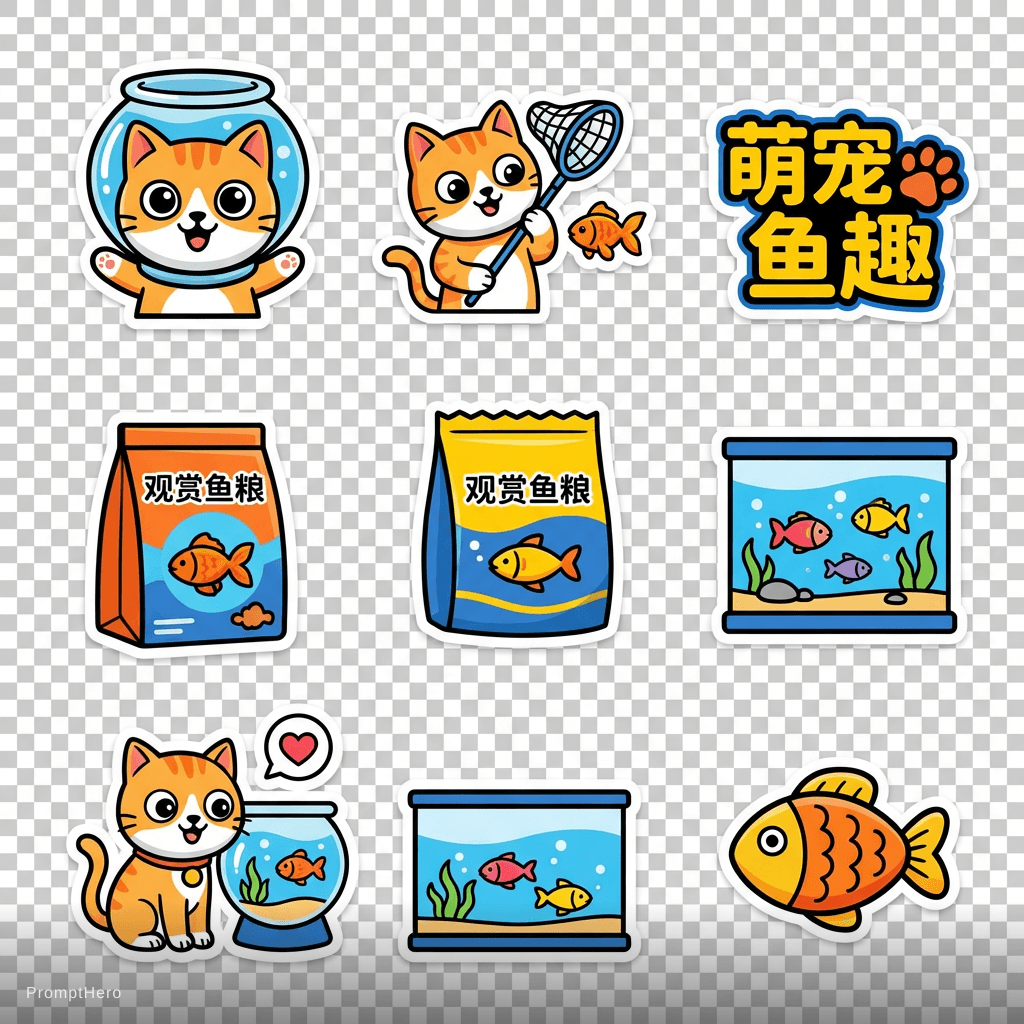 AI generated: 养鱼的猫，品牌作为萌宠用品，观赏鱼用品
