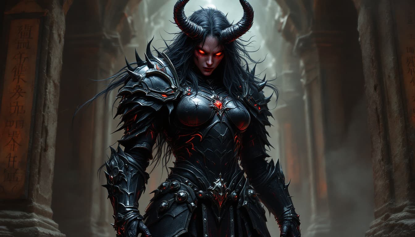 AI generated: An ultra-realistic, full-body portrait of a mesmerizing demon knight woman, her pose both powerful a...