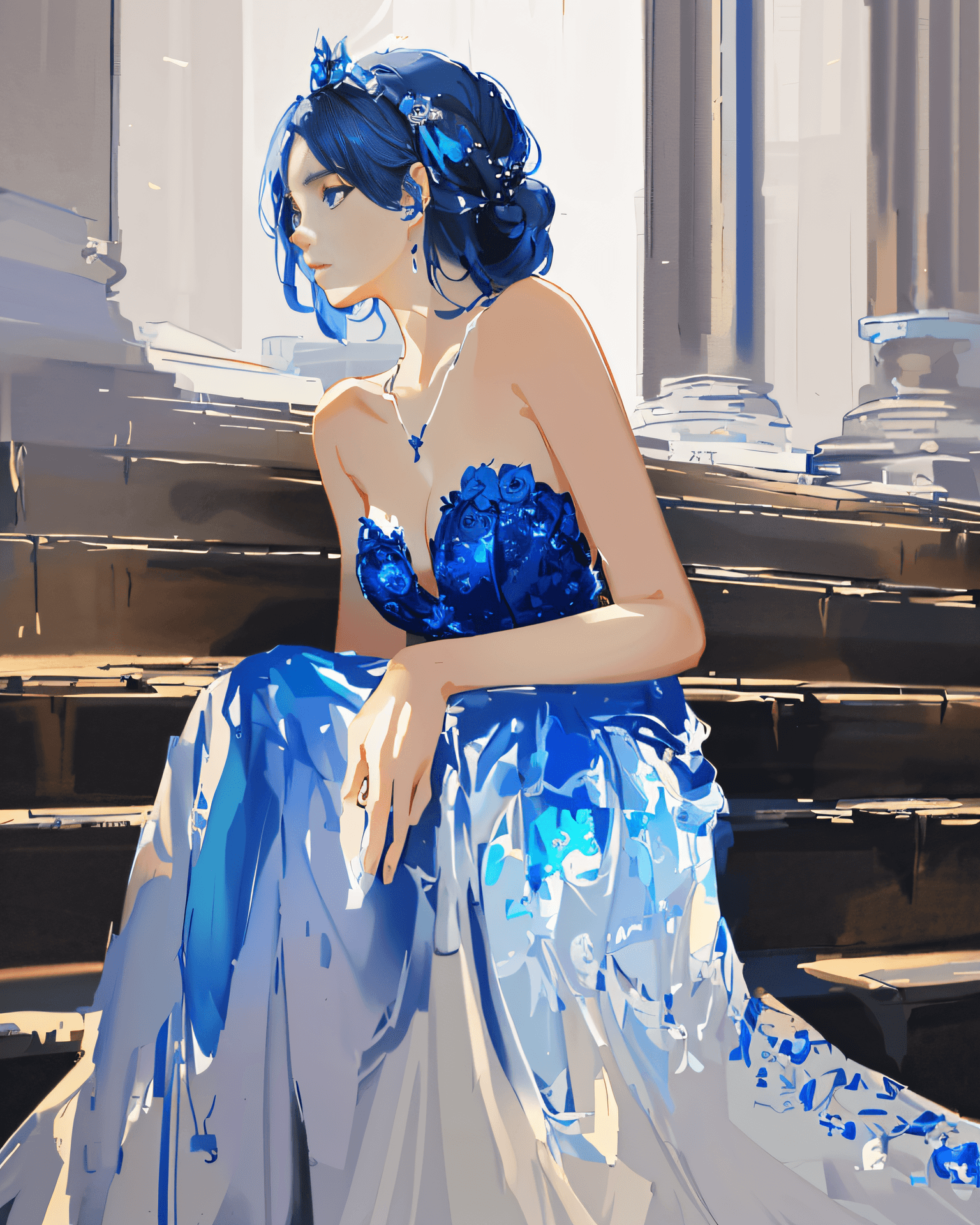 AI generated: painting of a woman in a blue dress sitting on a set of steps, artwork in the style of guweiz, inspi...