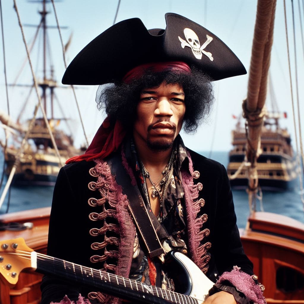 AI generated: Jimi Hendrix dressed as a pirate on a ship