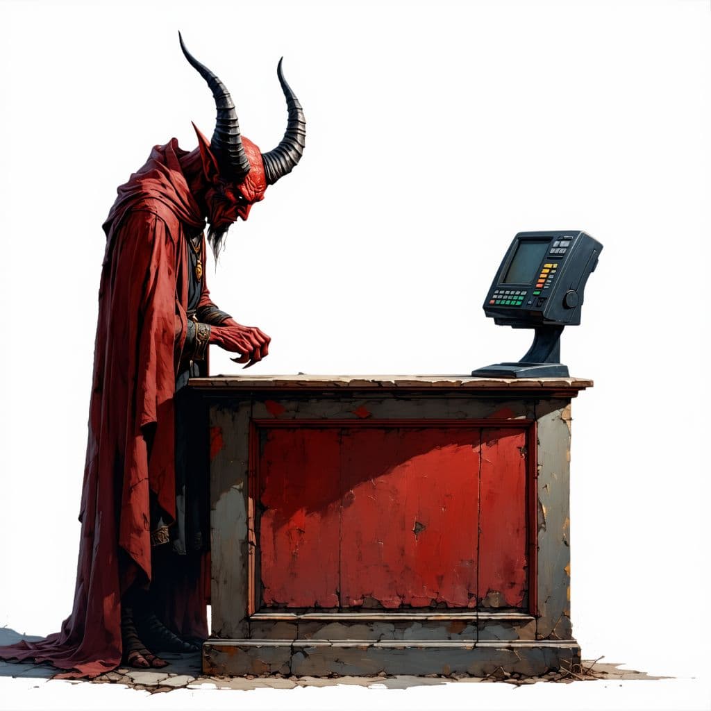 AI generated: posimas sales stand,attended by the devil,small horns,elegant european clothing,cash register,no peo...