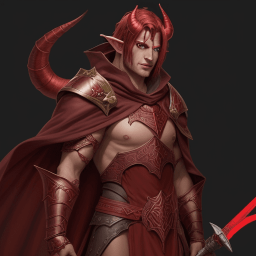 AI generated: Male red skin tiefling paladin horns under brown cape bright shining sword high quality