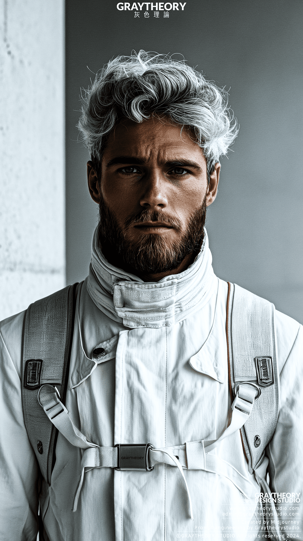 AI generated: Photograph, man, model, minimalist, white and silver hair, beard, solid white, studio lights