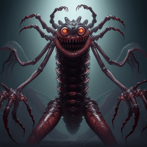 AI generated:  high quality foto of a big transparent monster, 10 legs, 3 arms, slimy, 3 heads with grimaces and b...