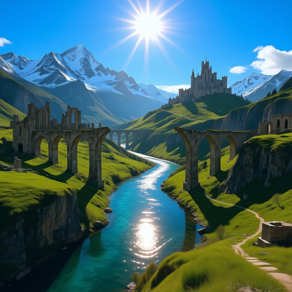 AI generated: Wide establishing shot from above the river, ruins and castle in the distance, sun flaring dramatica...