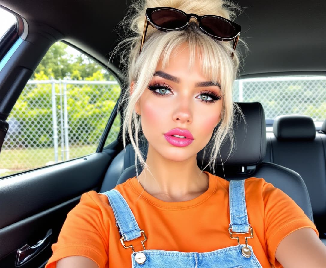 AI generated: "A young woman with platinum blonde hair styled in a high bun and wispy bangs, wearing oversized rou...