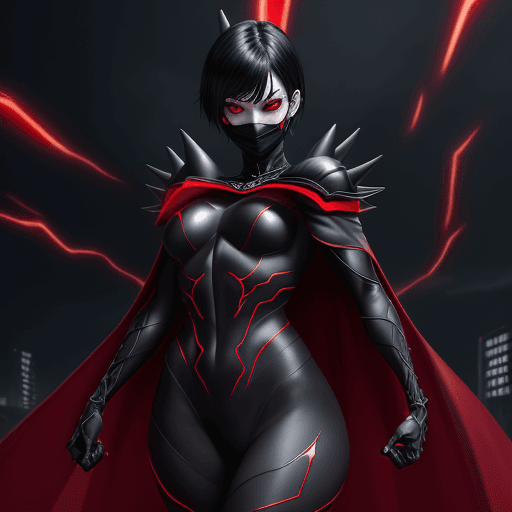 AI generated: Villain, Girl, Exposed Abs, Black Short Hair Mask, Cape, Red and Black Suit, Full Body, Stable Diffu...