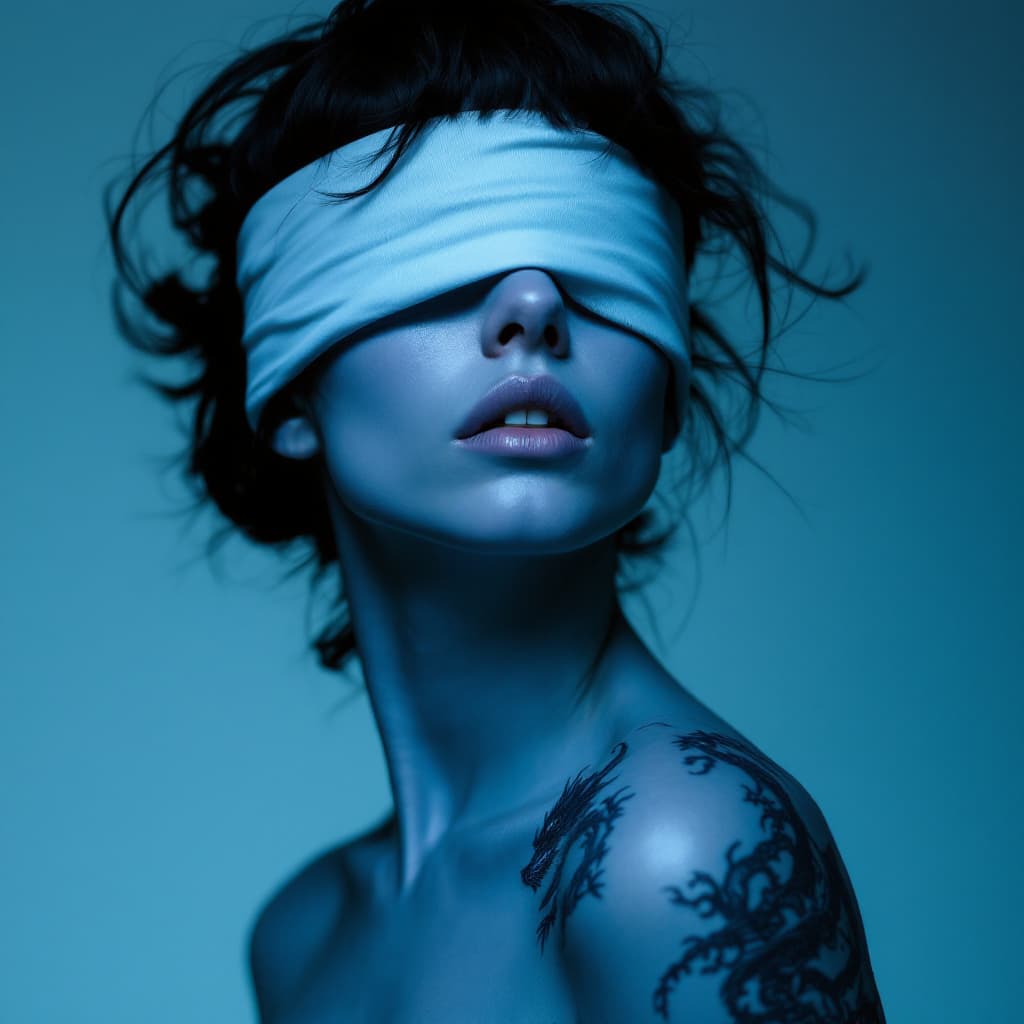 AI generated: a blue skinned woman wearing a blindfold. she has one dragon tattoo up the side of her body
