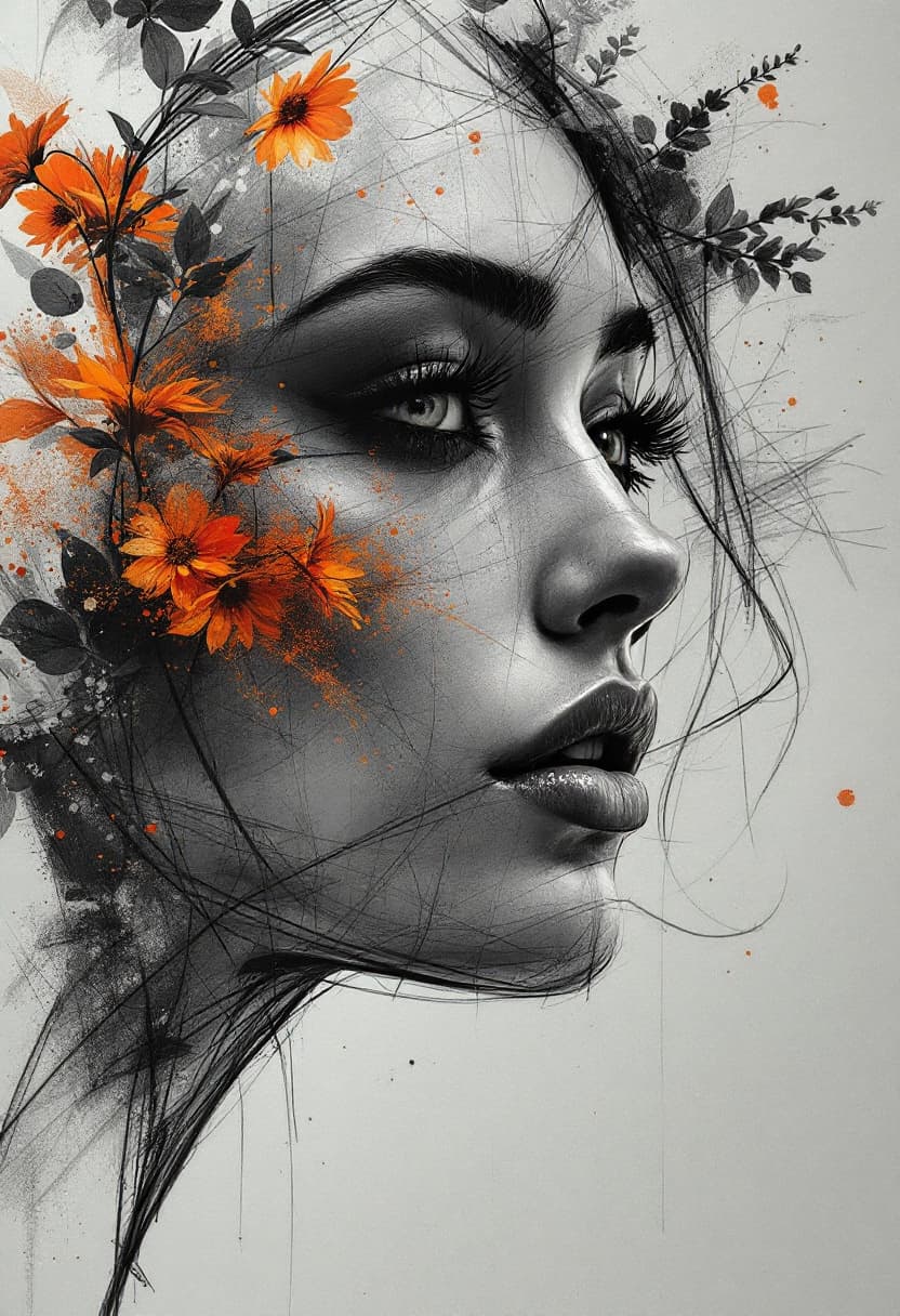 AI generated: Female face sketch, expressive lines in a beautiful portrait style. Black and white and orange still...
