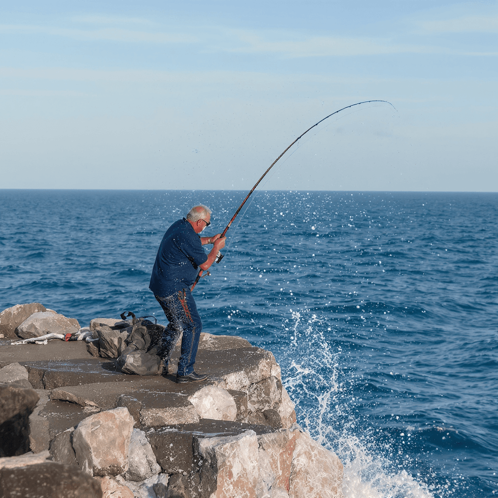 AI generated: Un hombre pez pescando en alta mar con tormenta