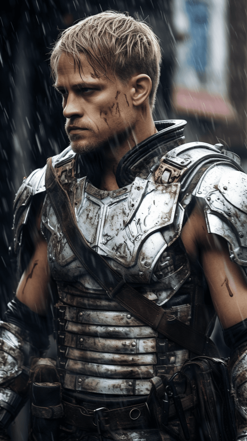 AI generated: ((masterpiece, best quality, detailed)), outdoor arena, wind_lift, charlie hunnam as a cyberpunk gla...