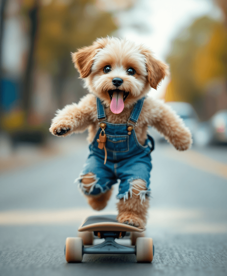 AI generated: A Cute Furry Dog with Floppy Ears Riding a Skateboard down the middle of the street.  His tongue is ...