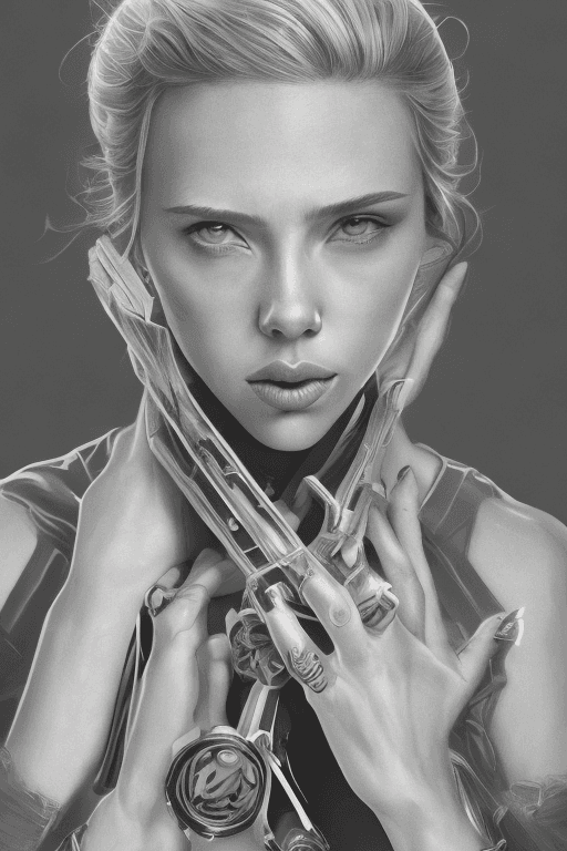AI generated: A shockingly detailed monochromatic vector illustration of "Scarlett Johansson" unaliasing an anomal...