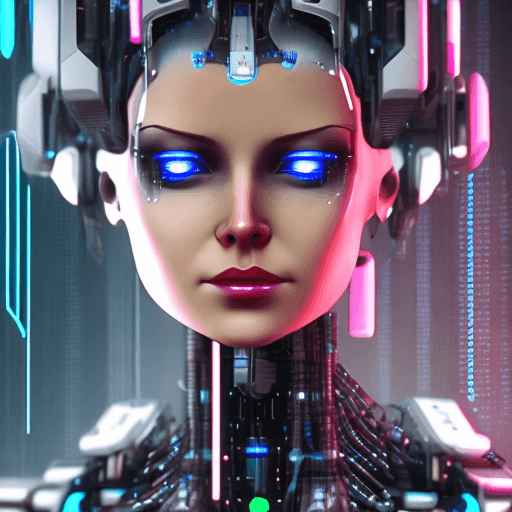 AI generated: The head of a cyberpunk artificial intelligence woman stares straight ahead