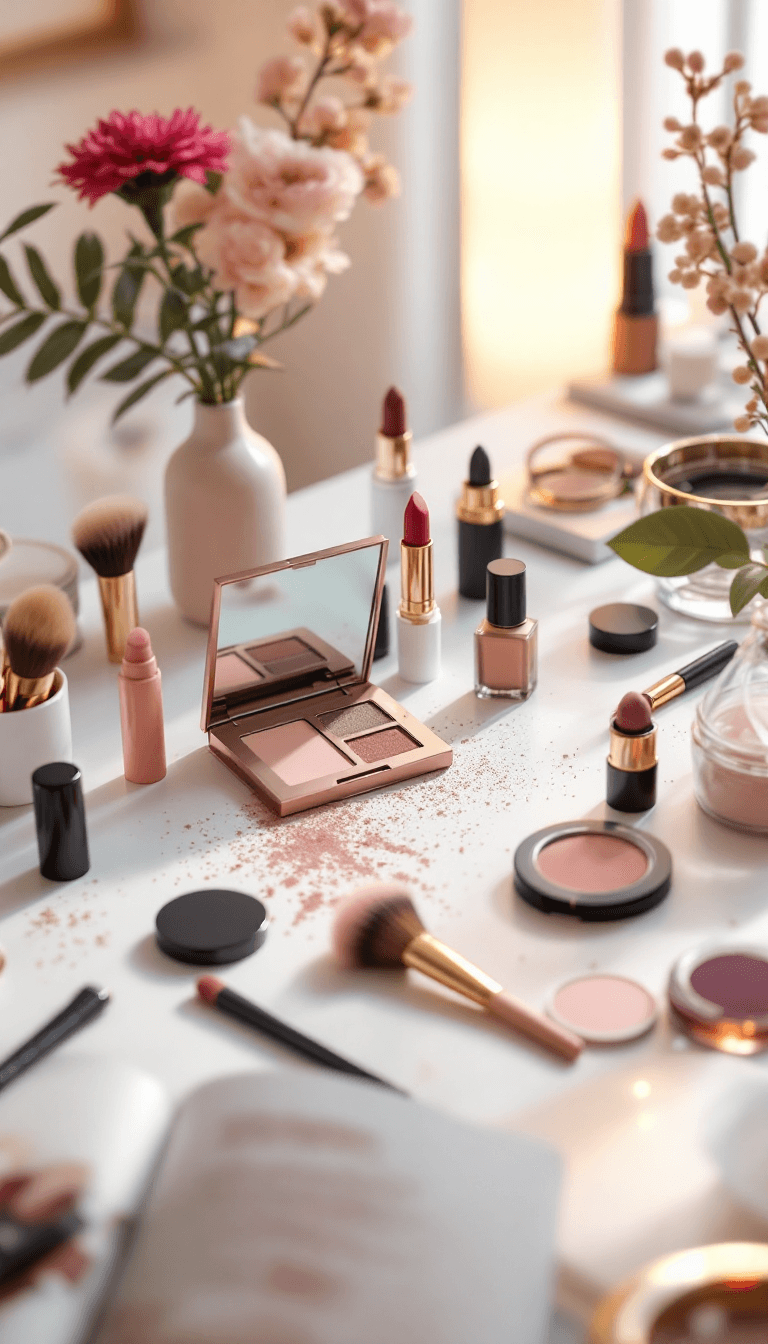 AI generated: a table with makeup products like brushes, eyeshadow, lipstick, and more --ar 2:3 --v 6.0
