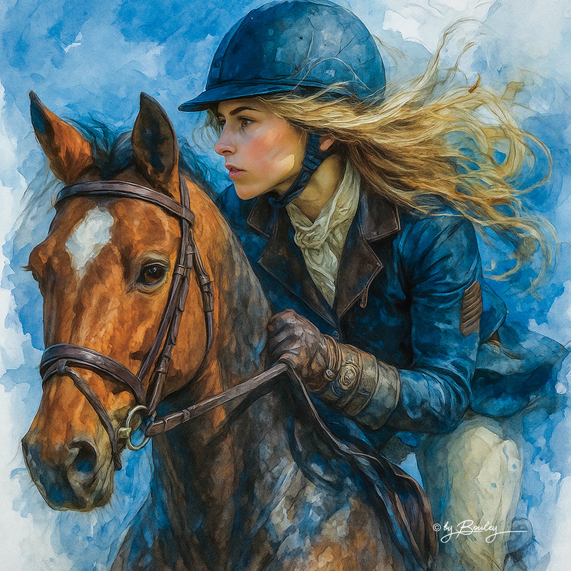 AI generated: Create a highly detailed, watercolor-style digital portrait of a young woman riding a horse. The wom...