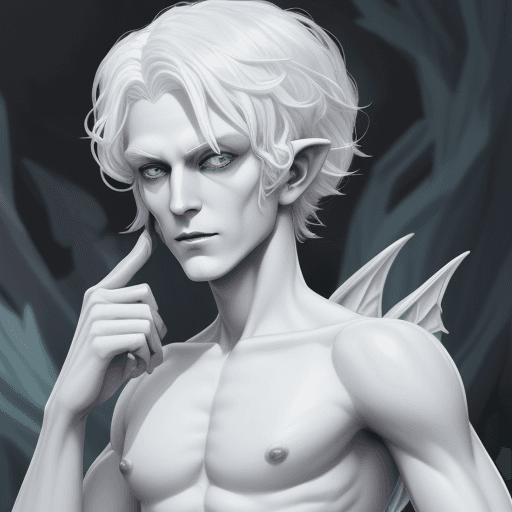AI generated: DnD Changeling, good looking, fey like appearence, pale figure, white eyes, white hair