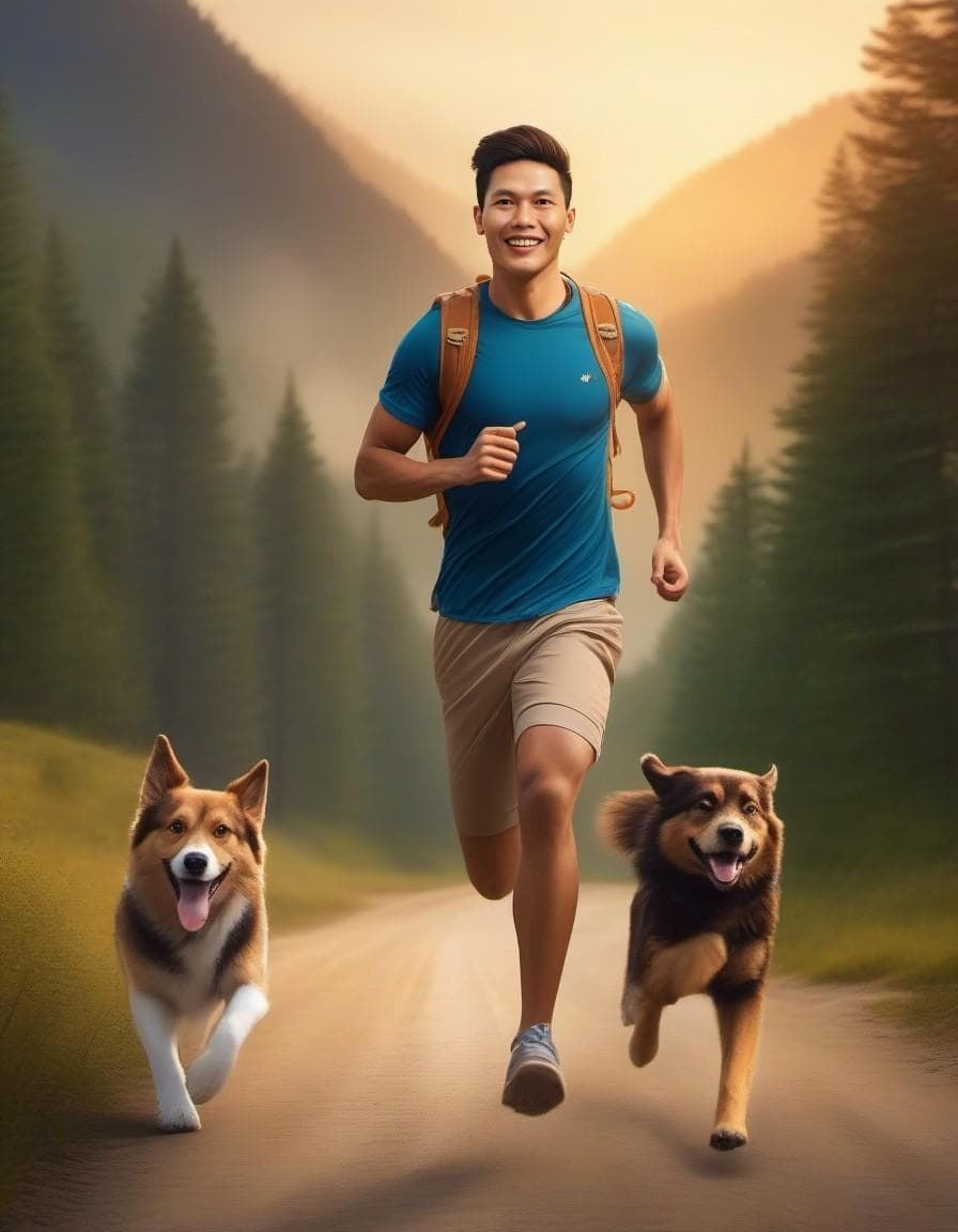 AI generated: hyper realistic, anime, anthropomorphic male dog, running, speed, fast, backpack, travel, trip, rush...