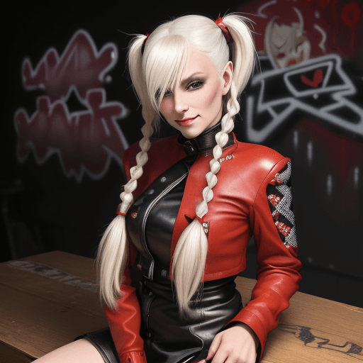 AI generated: woman with platinum blonde hair styled in pigtails, wearing a red and black leather outfit with diam...