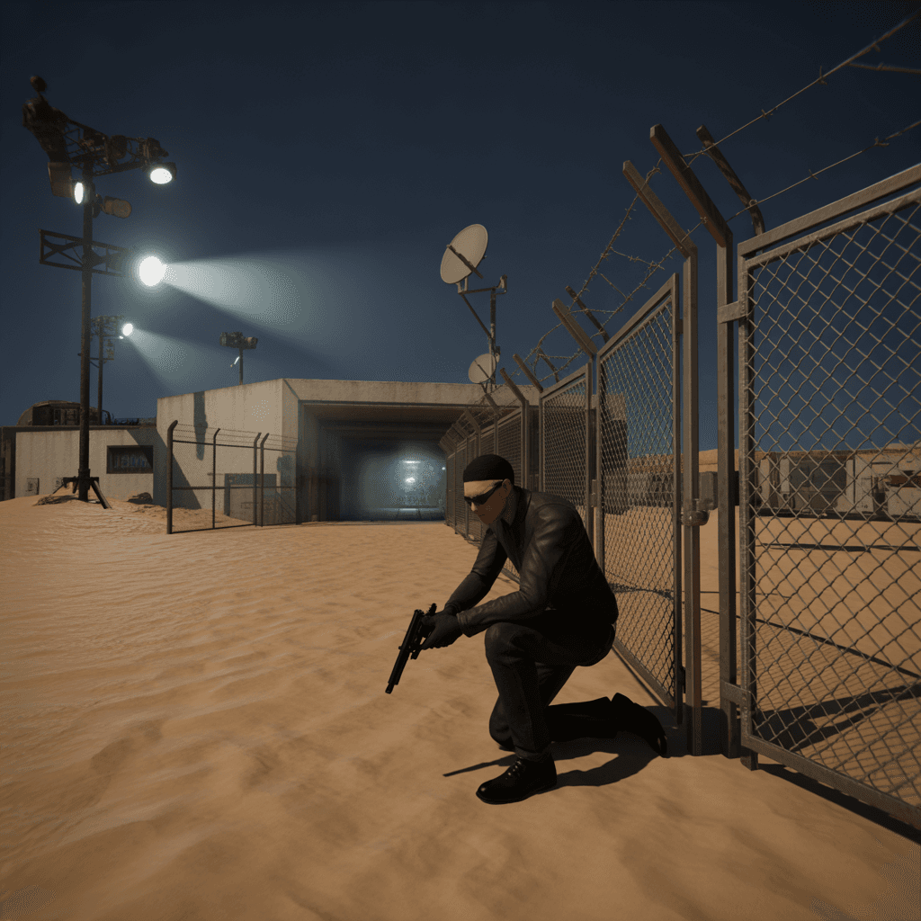 AI generated: A hyper-realistic 3D scene of CJ infiltrating Area 69 at night, deep in the desert of Bone County fr...