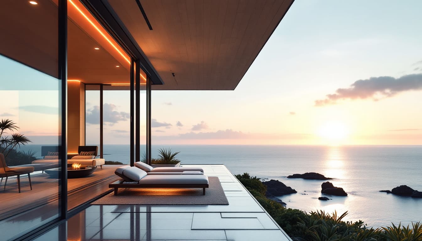 AI generated: Hyper realistic eye level exterior photo of a mid century modern style house overlooking the ocean, ...