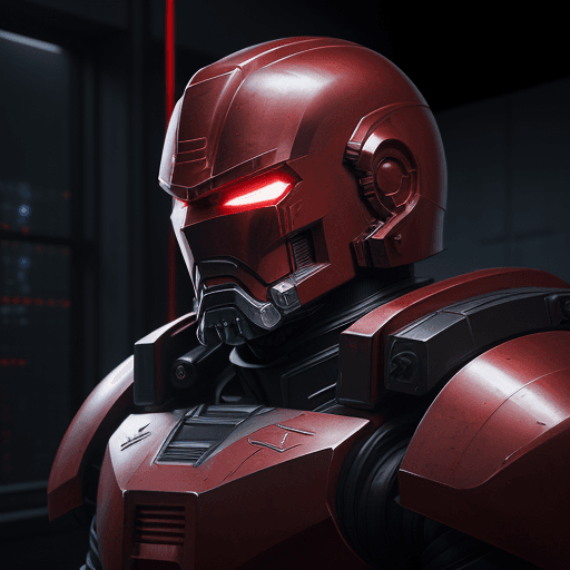 AI generated: ultra-wide photo red sci-fi armor with cyber helmet, lights on cyber mask, full armor, insulated arm...