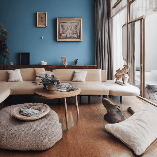 AI generated: High resolution photography interior design, dreamy sunken living room conversation pit, wooden floo...