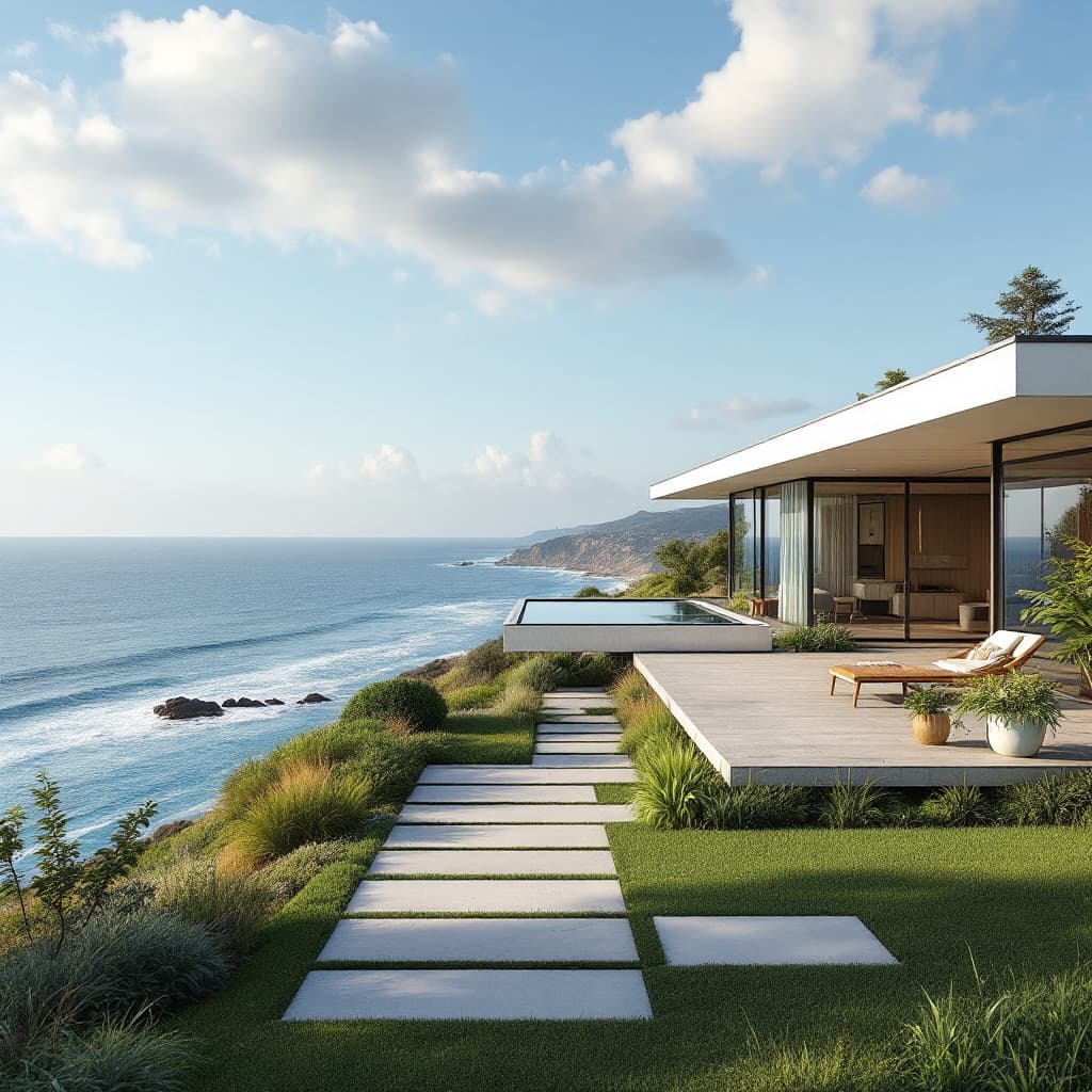 AI generated: Hyper realistic eye level exterior photo of a mid century modern style house overlooking the ocean, ...
