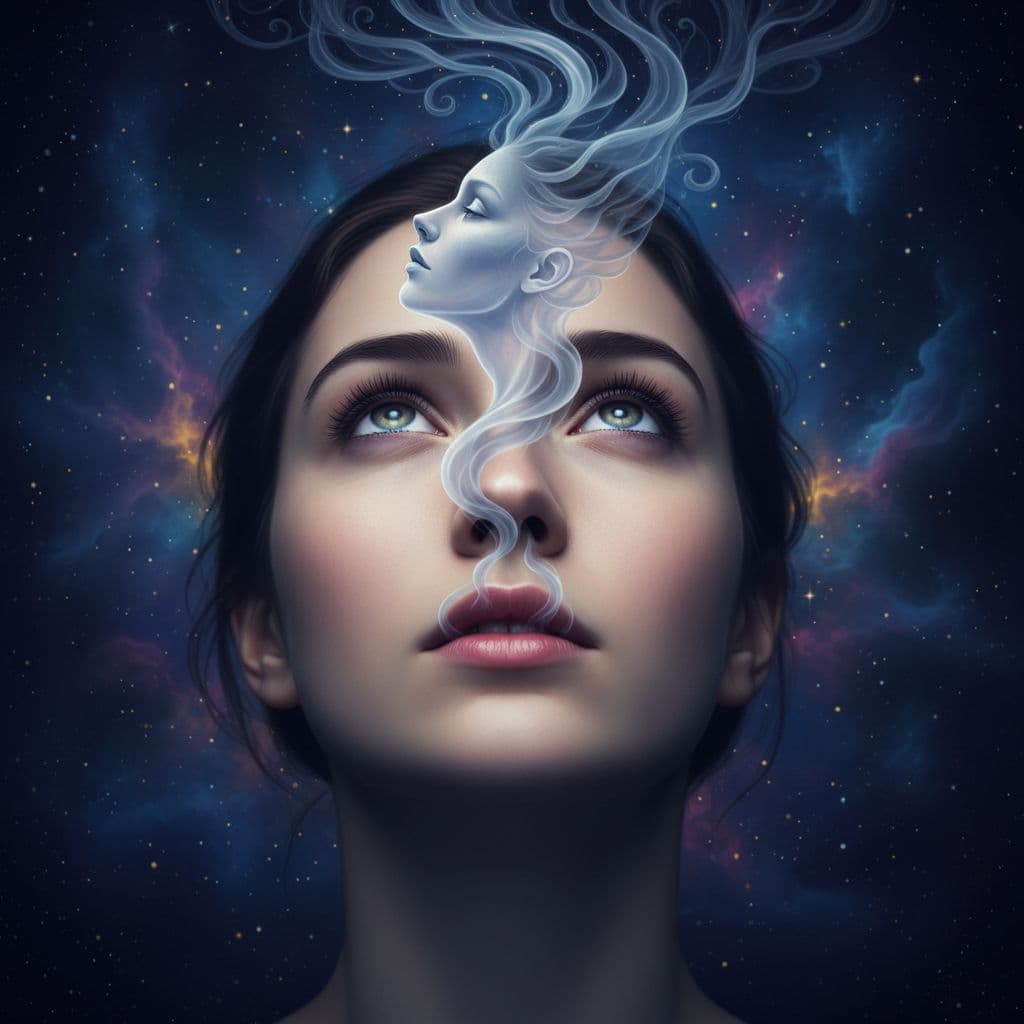 AI generated: Make similar this image for girl in different face and different shape smoke face looking upright 
