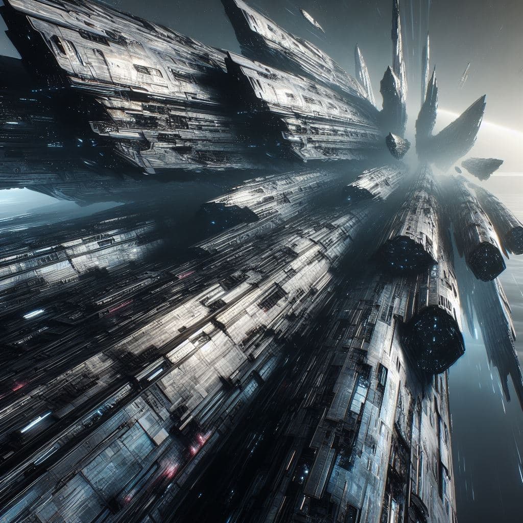 AI generated: in space, futuristic epic sci-fi, wide angle, LV-426, Sci Fi , a huge battered and chipped spaceship...