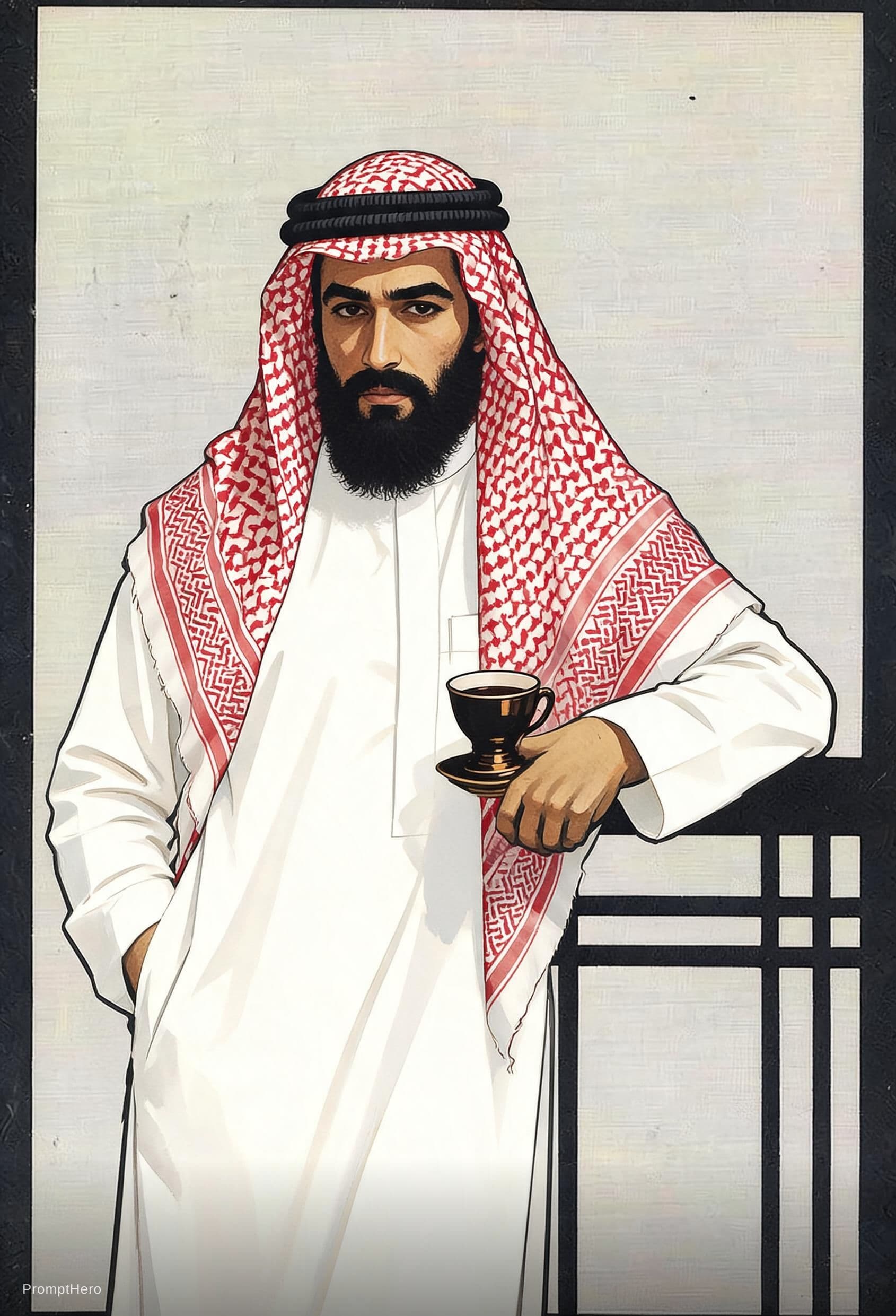 AI generated: رجل سعودي يمسك فنجال عليه سيفين ونخلة وثوب ابيض وشماغ وعقال مقصب وشنب كثيف وحواجب كثيفة وبشرة حنطية ...