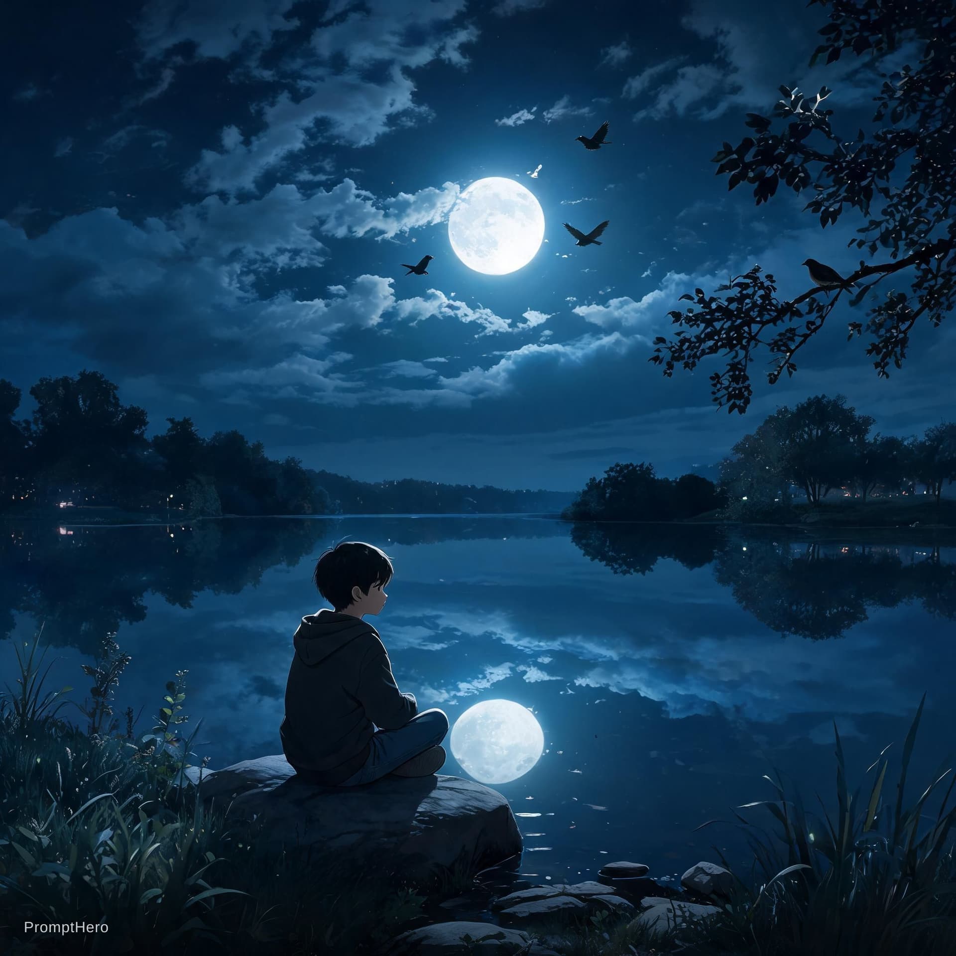 AI generated: a boy sitting at cool and clam nature on riverside with moonlight , some birds and clouds