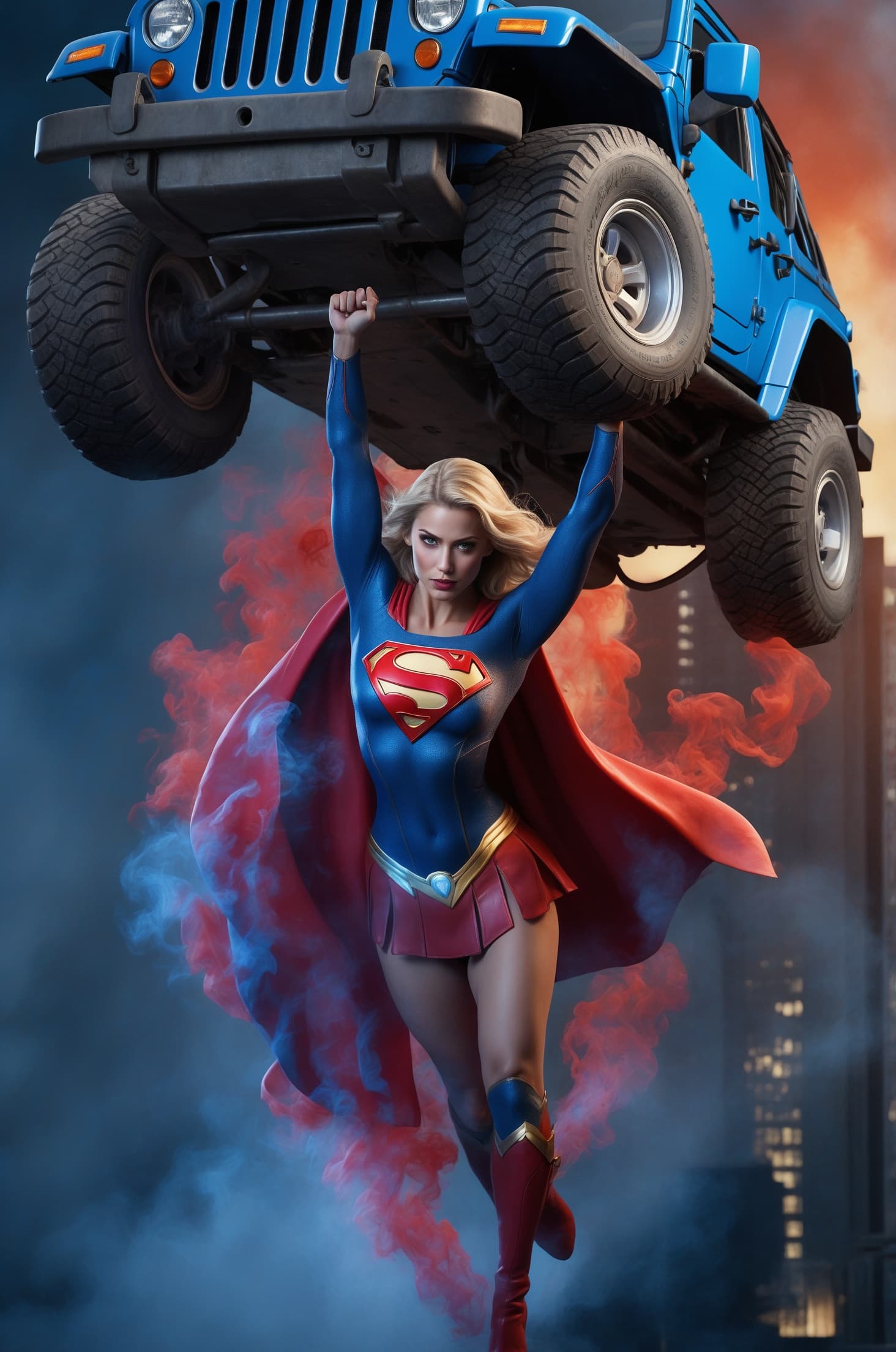 AI generated: A striking 3D render illustration of a tattoo depicting Super Woman, a superheroine, effortlessly li...