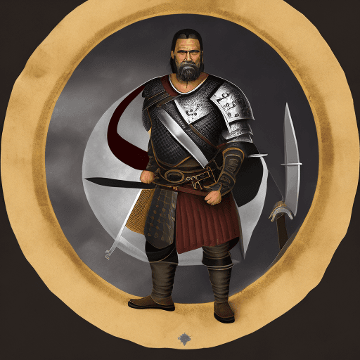 AI generated: Portrait of a mid-age warrior with a longsword and a roundshield in the style of The Dark Eye