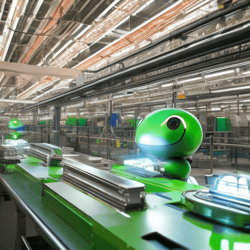 AI generated: Hyper realistic eye level photo of a factory conveyor belt, Green Android robots being assembled, da...