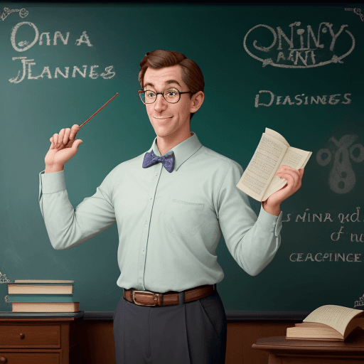 AI generated: Create a charming Disney-inspired scene featuring a male teacher engaging in a lesson on punctuation...